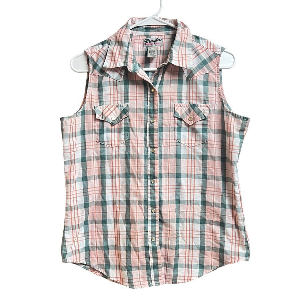 Wrangler Wrancher Shirts Women's Medium Sleeveless Pearl Snap Pink Blue White